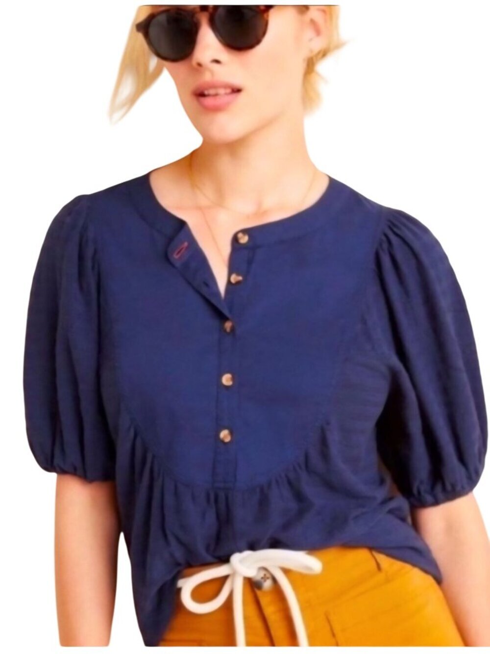 Anthropologie Elinor Puff Sleeve Textured Peasant Blouse Navy Size S